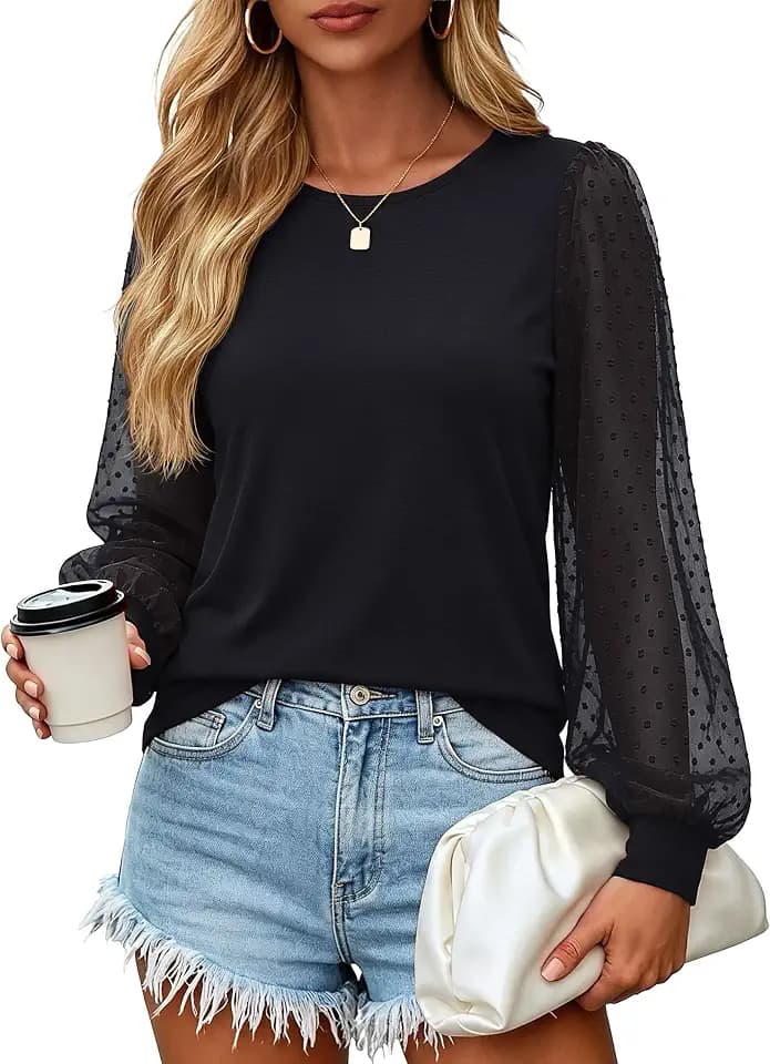 YUCOLEN Womens Long Sleeve Shirts Chiffon Blouse Casual Lace Tops