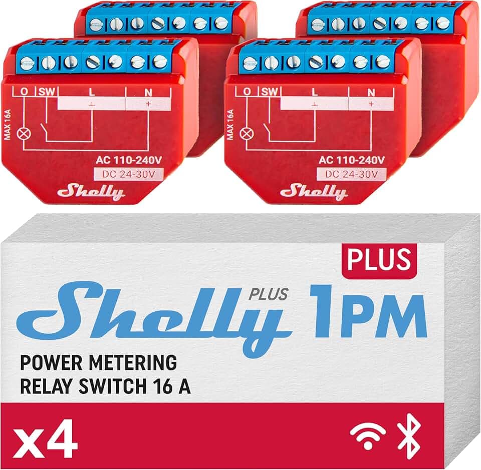 Shelly Plus 1PM | WLAN & Bluetooth Relais Schalter mit Strommessung | Smart Home | Lichtsteuerung | Funktioniert mit Alexa & Google Home | iOS- & Android-App | Kein Hub erforderlich (4 Pack)