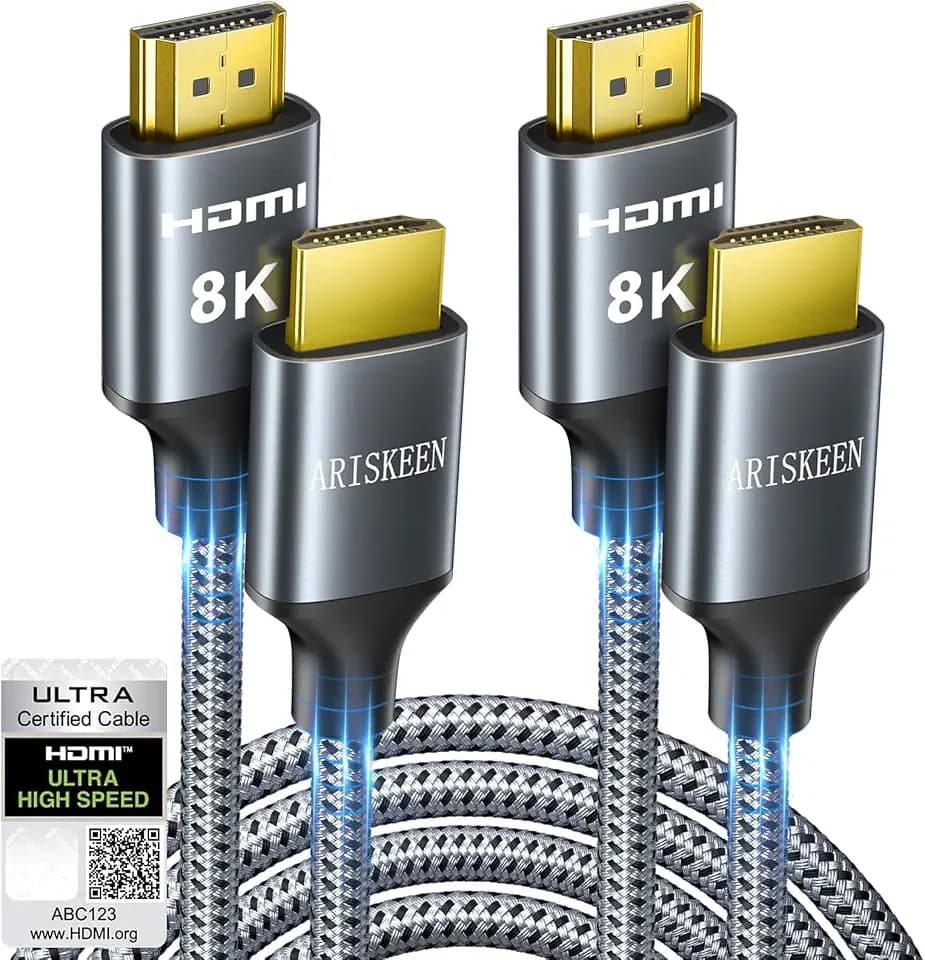 ARISKEEN 8K HDMI Cable 6FT 2-Pack, 48Gbps High Speed HDMI 2.1 Cable, 8K 60Hz, 4K 120Hz 144Hz Support for HDR 10, HDCP 2.2 2.3, eARC, DTS:X, Braided HDMI Cord Compatible with Laptop/HDTV - 6 Feet