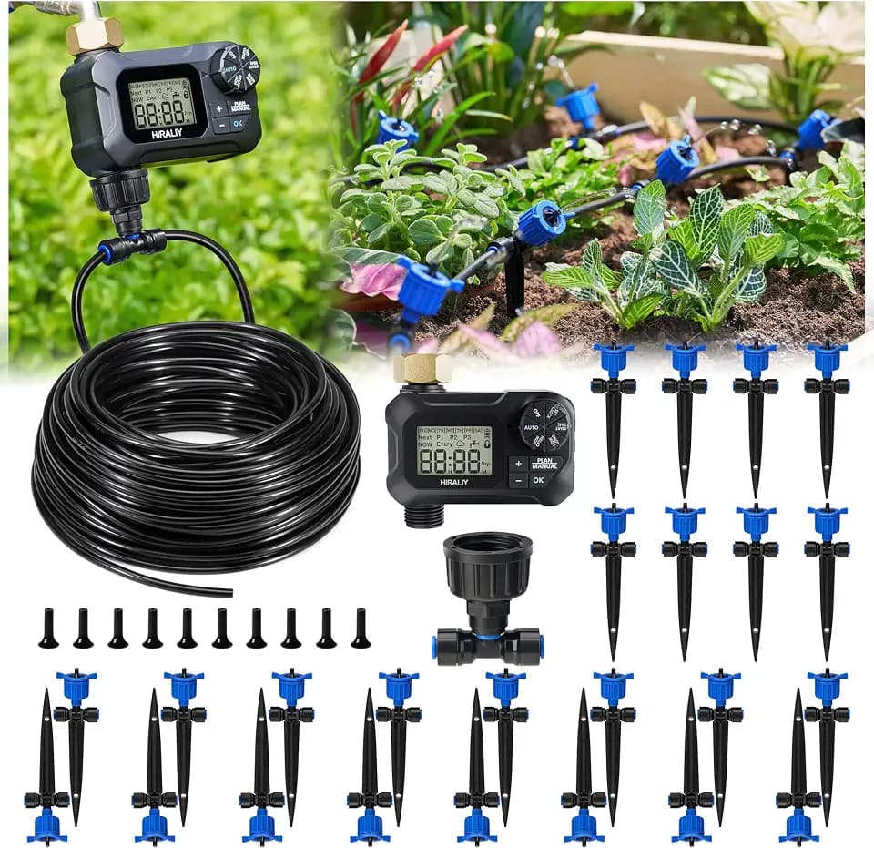 HIRALIY 100FT Drip Irrigation Kit with Timer, Pressure Compensated