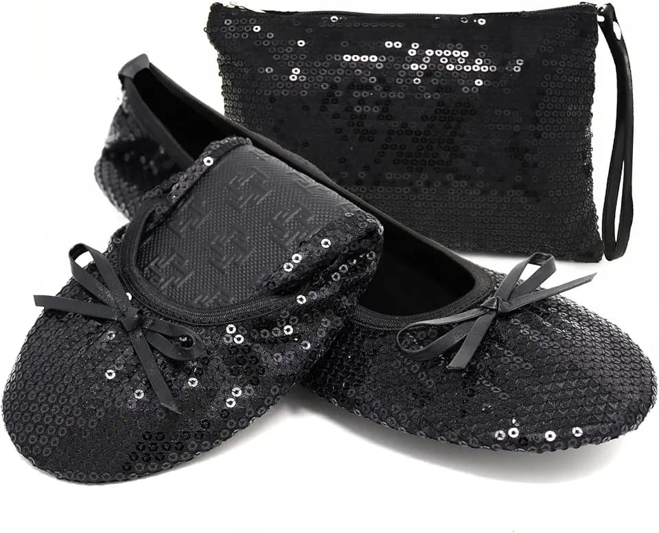 Silky Toes Foldable Sequin Shoes for Women | Comfortable Dressy Flats for Weddings, Parties & Events | Ballet Purse Slippers