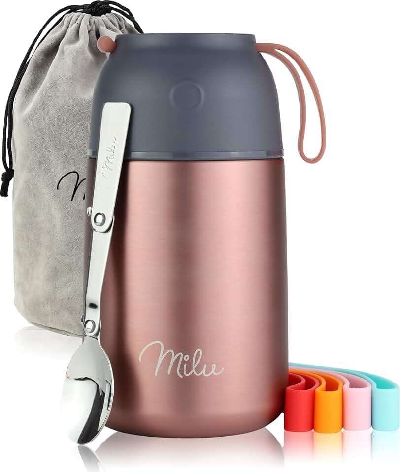 Milu® Thermobehälter für Essen I 650ml I Edelstahl Warmhaltebehälter mit Löffel, Thermobecher Essen, Thermo Lunchbox, Erwachsene, Thermobox Suppen, Speisebehälter Rosegold, 650ml