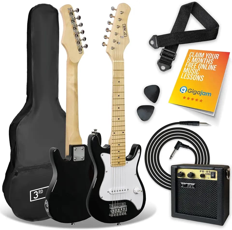 3rd Avenue 1/4-Größe E-Gitarren-Set für Anfänger - 5W tragbarer Verstärker, Kabel, Tasche, Plektren und Gurt - Schwarz/Weiß