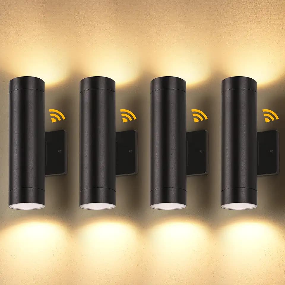 LUTEC Dusk to Dawn Outdoor Wall Lights, 16W Integrated LED Cylinder Up-Down Sconce, 3000K Waterproof Aluminum Exterior Lighting, Matte Black Modern Porch and Entryway Wall Light Fixture, 4 Pack