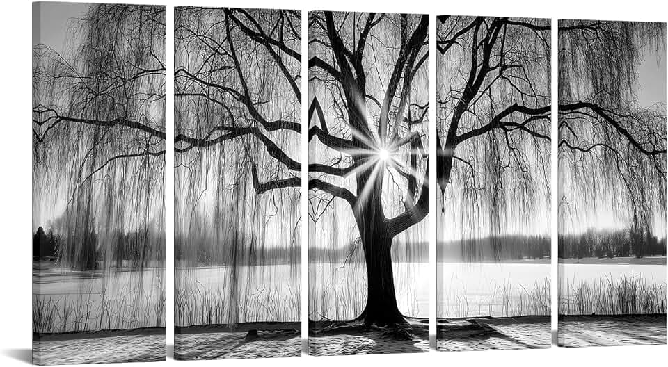 sechars Large Tree Wall Art Lake Landscape with Sun Rays Pictures Black and White Nature Painting 5 Panel Canvas Print 12"x32"x5 (Black)