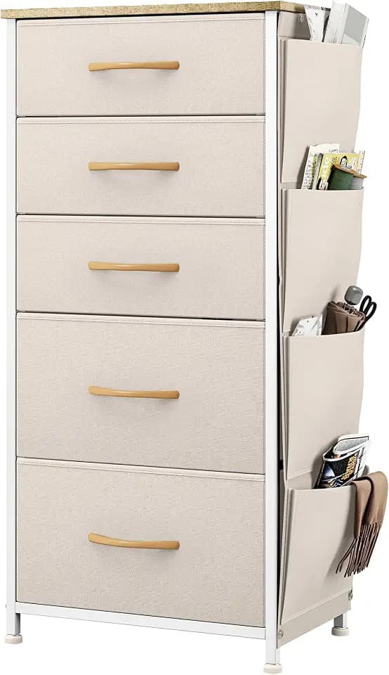 YITAHOME Kommode, 5 Stoffschubladen mit Griffen, Aufbewahrungsschrank mit Haken, Schubladenschrank mit Seitentaschen, Schrank, Metallgestell,stoffkommode für Schlafzimmer,Wohnzimmer,Flur,Büro, beige