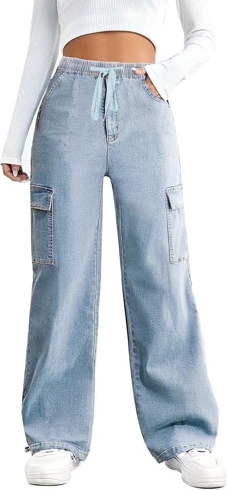 SESERAGI Womens Wide Leg Cargo Jeans Stretchy Baggy Parachute Denim Pants