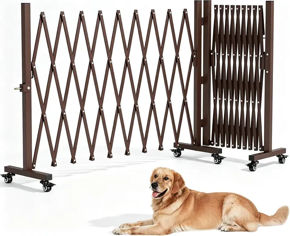 Expandable Driveway Gate with Casters, Portable Metal Folding Security Gate, 209" Wide Aluminum Garden Fence, Outdoor Dog Fence for Yard in Coffee, 39.76 * 213