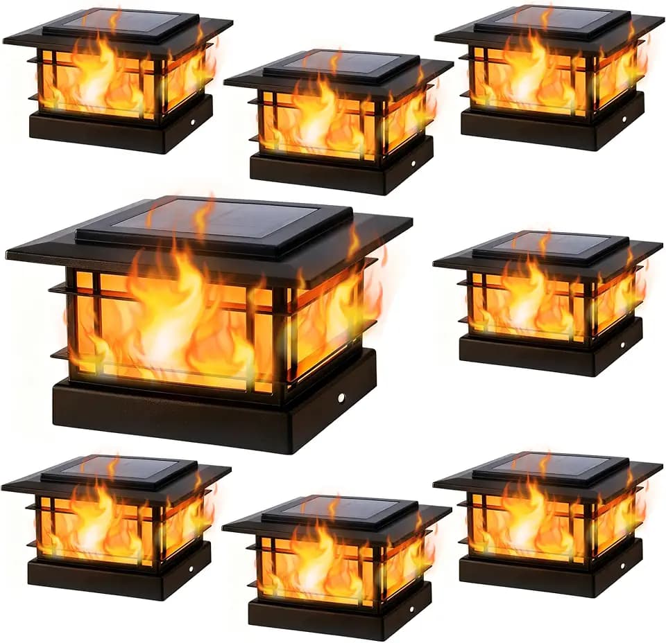 Dynaming 4x4 Solar Post Cap Lights Outdoor with Flickering Flame Light, 8 Pack Black Shell Fence Post Solar Lights Fit 4x4 Vinyl/Wooden Posts, Brightness LED Lighting Decor for Garden Deck Patio