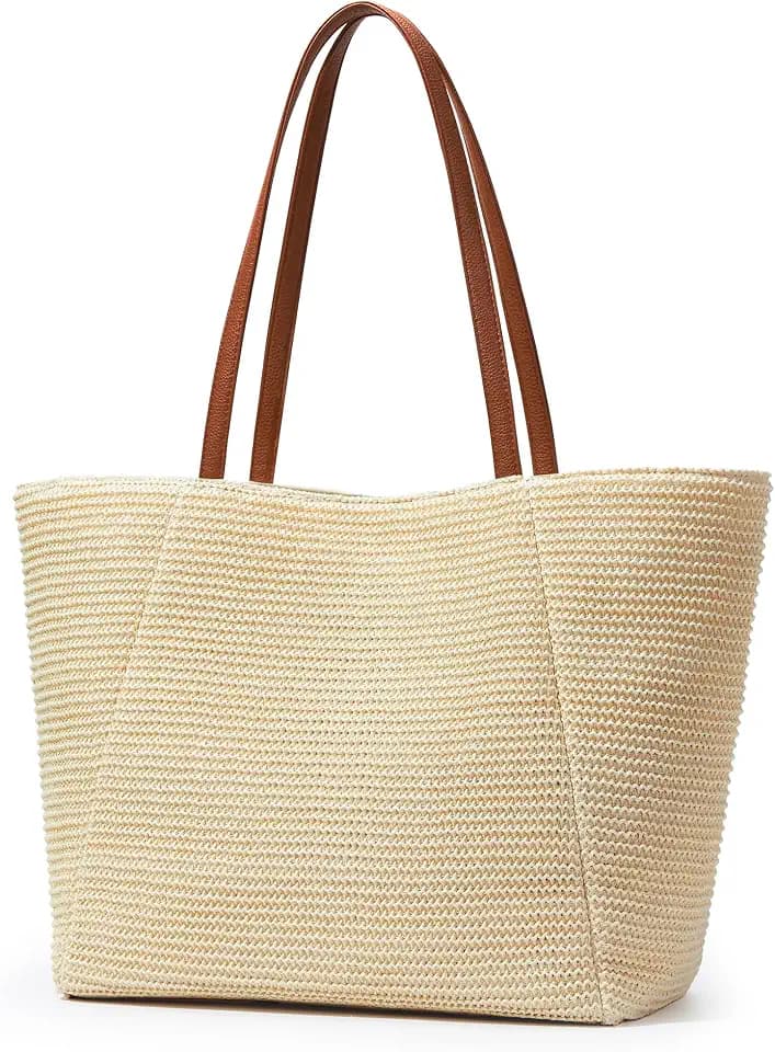 KALIDI Große Strohtasche Strandtasche mit Reißverschluss Marine Recycelter Kunststoff Strohähnliches Design Tragetasche für Sommerurlaub und Alltag