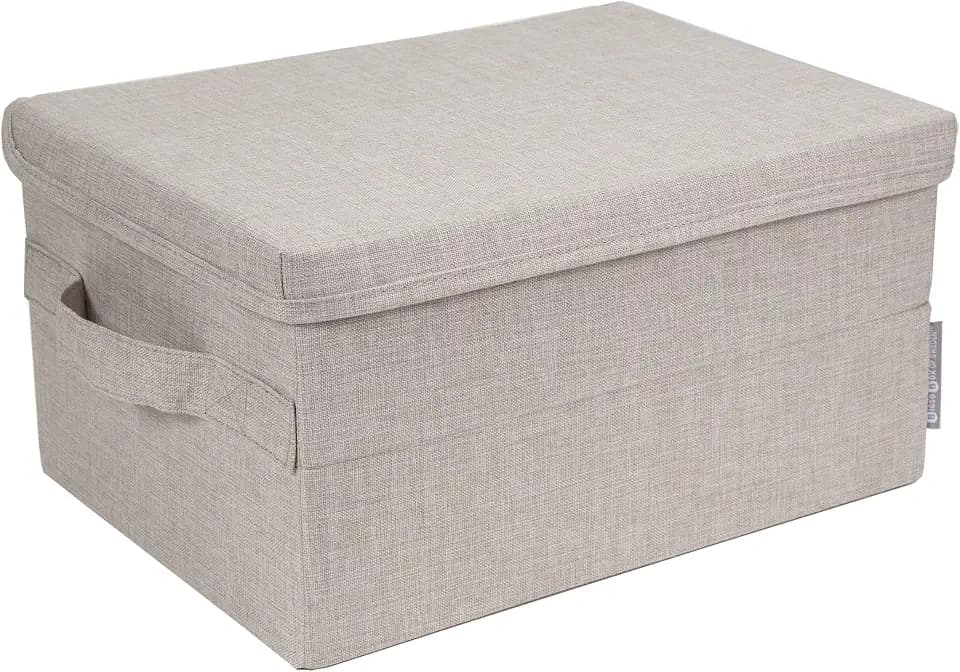 BIGSO kleine Aufbewahrungsbox mit Deckel und Griff – Schrankbox aus Polyester und Karton in Leinenoptik – Faltbox für Kleidung, Accessoires, Spielzeug usw. – beige