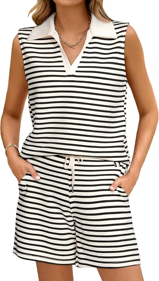 Glamaker Womens Two Piece Short Sets Summer V Neck Travel Outfits Sweatsuits Sleeveless Lounge Sets Tracksuit