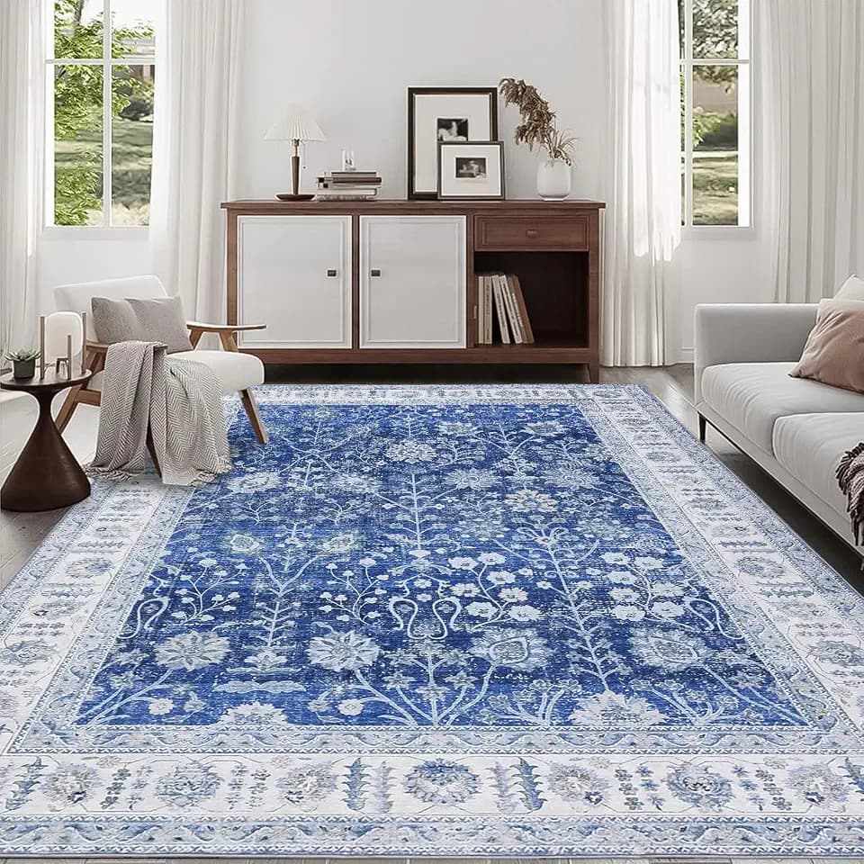 GarveeHome Vintage Floral Medallion Area Rug 6x9 - Machine Washable, Waterproof, Super Soft Faux Wool Carpet, Non-Slip Low Pile, Kid & Pet Friendly, Home DéCor for Bedroom, Living Room.Blue