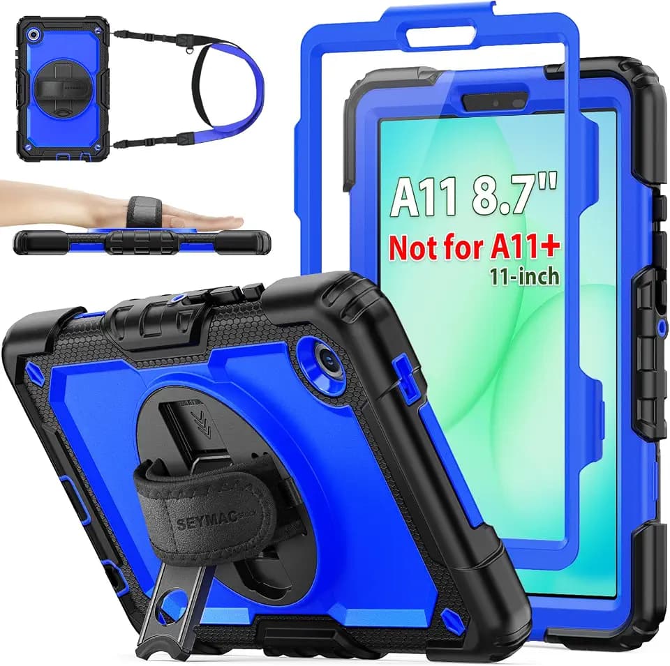 SEYMAC stock Case for Samsung Galaxy Tab A11 8.7'' (Not for A11+Plus11''), Full-Body Drop Protection Case with Screen Protector Pencil Holder [360° Rotating Hand Strap] &Stand, Blue+Black