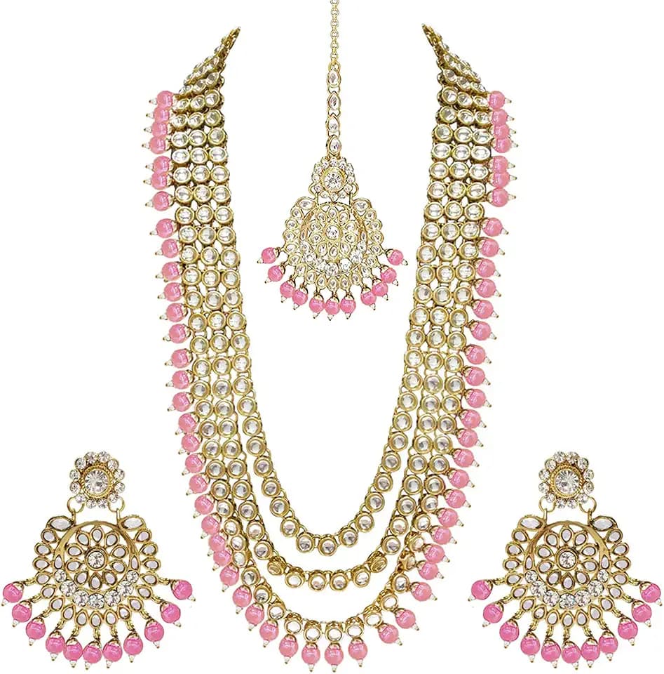 Aheli Indian Ethnic Wedding Faux Kundan Beaded Bridal Long Necklace Earrings with Maang Tikka Traditional Jewellery Set Gift for Women