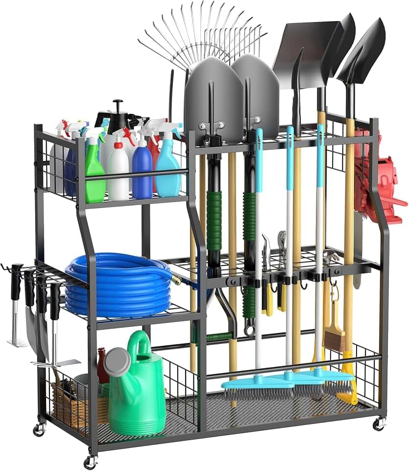 Garden Tool Organizer with Wheels, Rolling Storage Rack for Garage