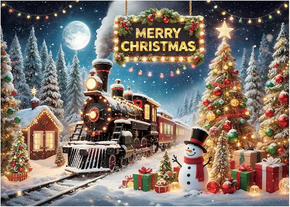 Merry Christmas Photo Backdrop Snow Train Christmas Tree Snowman Decoration Background Holiday Backdrop 10x8FT FW152