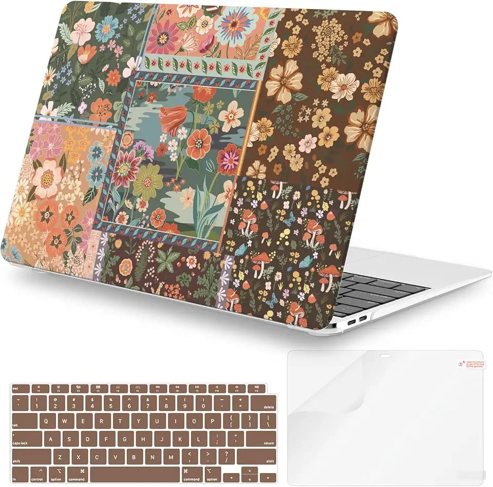 iCasso for MacBook Air 13 inch Case 2020 2019 2018 Release A2337 M1 A2179 A1932, Flower Hard Shell Protective Case for MacBook Air 13.3 inch + Keyboard Cover + Screen Film, Brown Flower