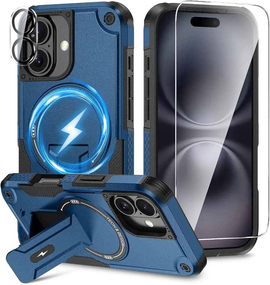 Magnetic for iPhone 16 Case with Stand, Screen & Camera Protector Blue