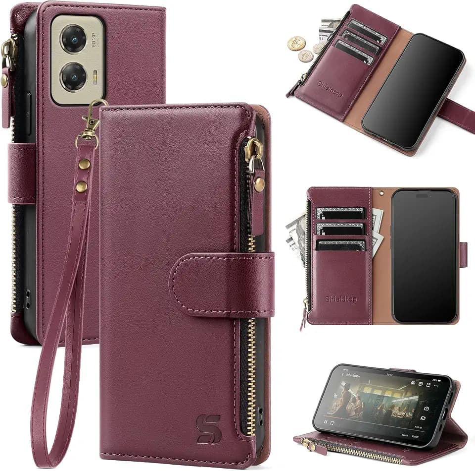 Shieldtop Compatible with Motorola Moto G Stylus 5G 2024 Wallet Case with Card Holder,Women Men RFID Blocking PU Leather Phone Case Flip Protective Cover Wrist Strap Zipper Credit Card Slots,Wine Red