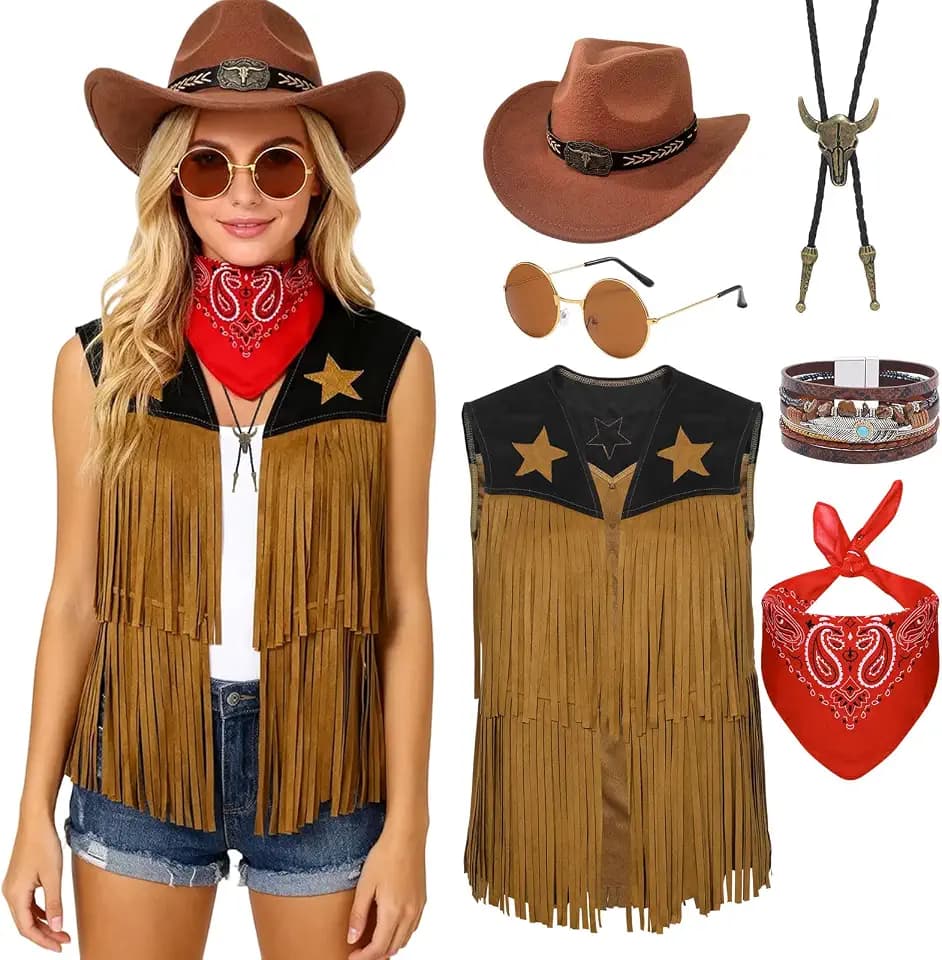 Raveparty Cowgirl Kostüm Damen, Cowboy Kostüm Herren, mit Halstuch Cowgril Hut Zubehör, für Karneval Fasching Cosplay