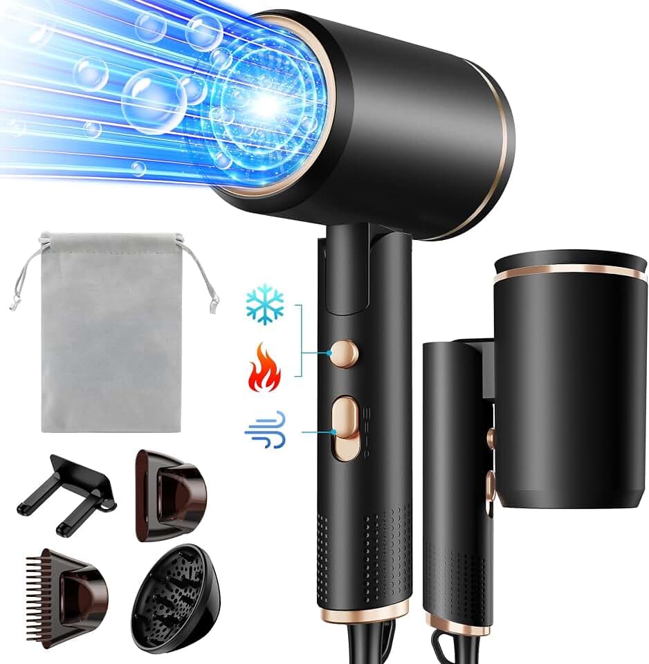 Föhn,Fön,2400W Klappbar Ionen Haartrockner, Schnelltrocknen Hair Dryer, Profi Reisefön mit Heiß-/Kalttaste, 3 Heiz,AC Motor Salon Haarföhn mit Diffusor & Aufbewahrungstasche (Schwarz)