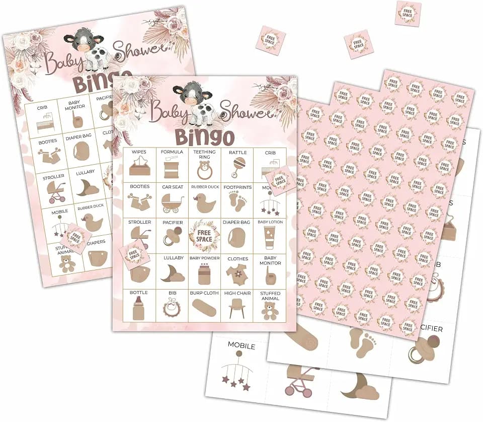Boho Cow Bingo Cards, Pampas Grass Baby Shower Bingo Game for 24 Players, Gender Reveal Party Games, Family Friends Activities, Baby Shower Party Favors Supplies Decorations(02)