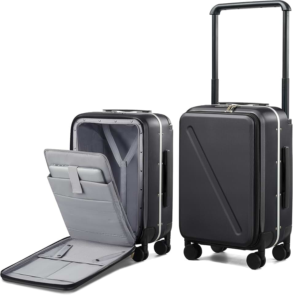 MILADA Wide Handle Carry On Luggage with Front Pocket Hardshell 20 Inch Front Opening Luggage with Spinner Wheels TSA Lock Aluminium Suitcase Airline Approved Carry-On Travel Luggage, Black