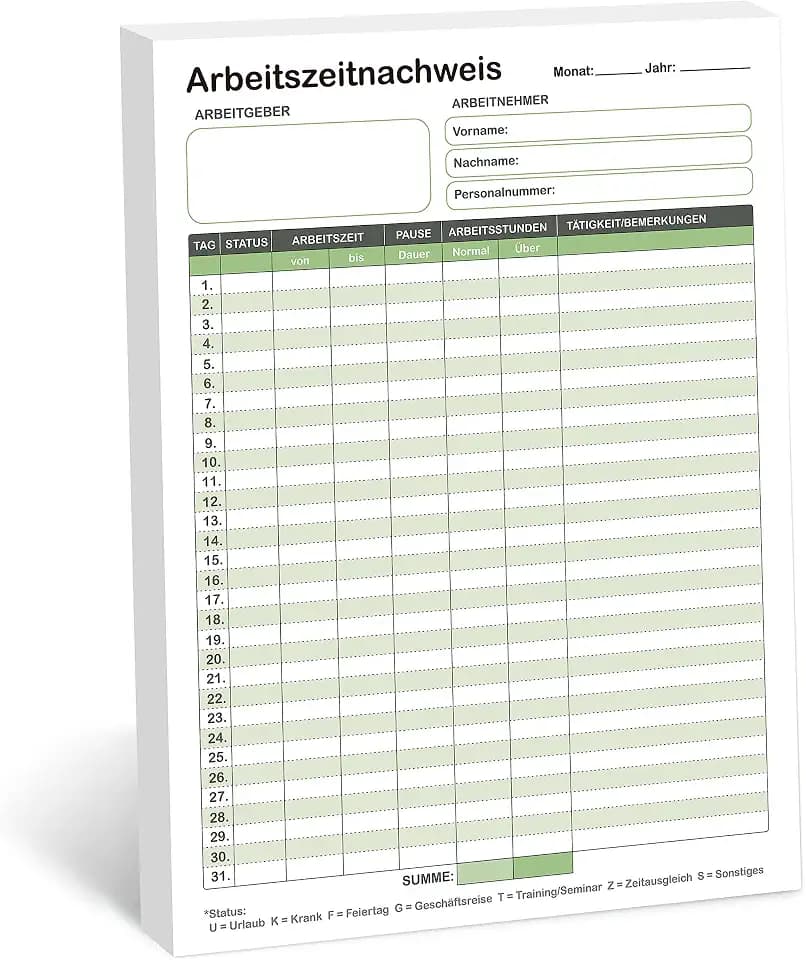 BIROYAL Stundenbuch für Arbeit, Stundenzettel Block A4, 31 Tage pro Blatt