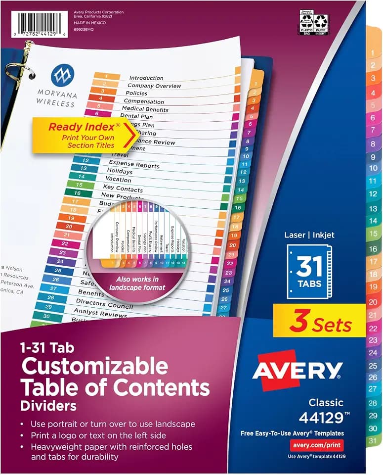 Avery Table of Contents Dividers, 1-31 Tab, Multicolor, 3 Sets