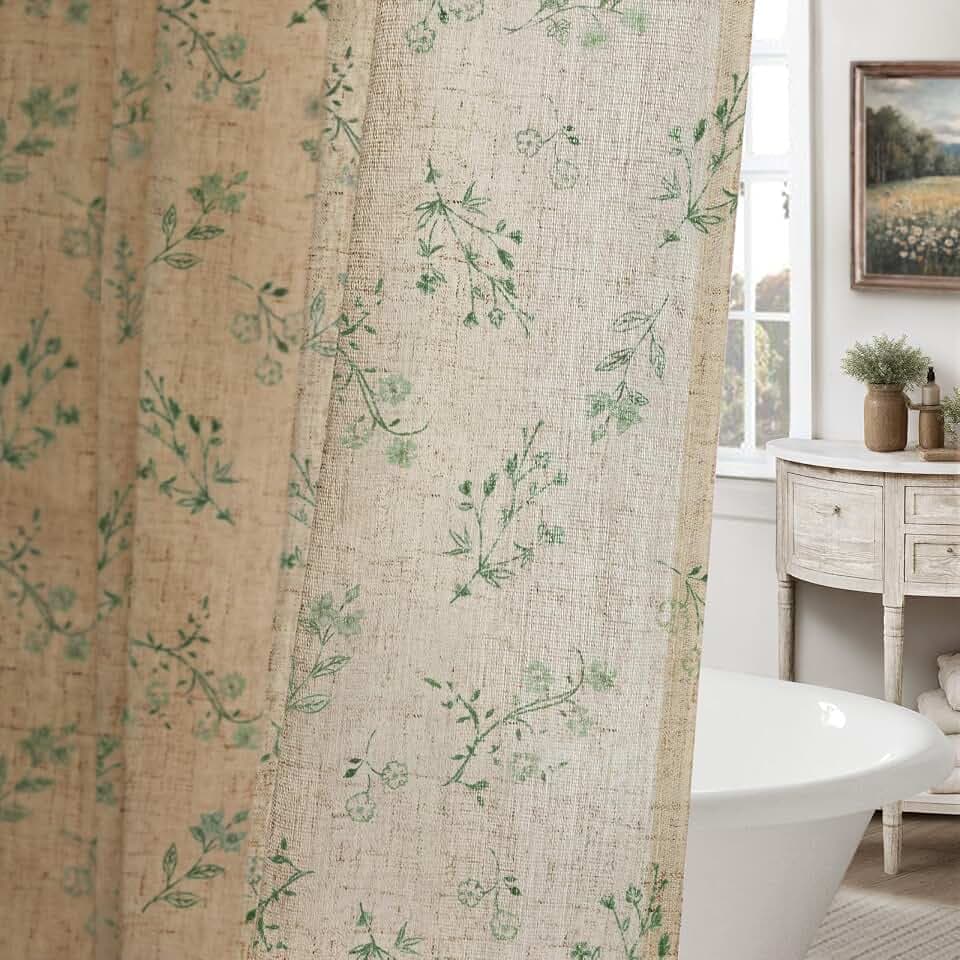 Sage Green Floral Farmhouse French Vintage Linen Shower Curtain 72Wx72H