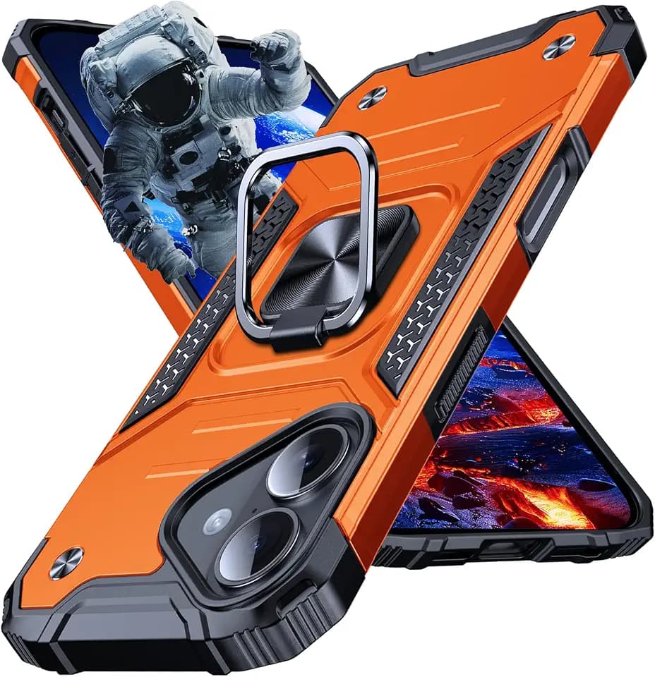 Anqrp Heavy Duty Case for iPhone 16 Case with Enhanced Ring Holder Grip Stand, Military Grade Shockproof Rugged Drop Protective Silicone Hard Slim iPhone 16 Phone Case Cover,Orange