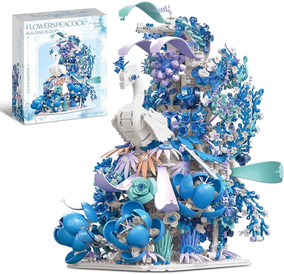 Flowers Peacock Building Set for Adults, 2470 PCS Blue Peacock Animal Botanicals Bird Toy Home Office Art Deocr, Compatible with Lego, Ideal Christmas Birthday Gift for Women Teens Girls 14+