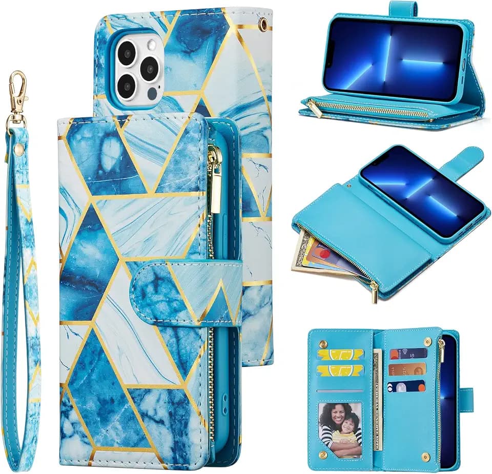 UEEBAI Wallet Case for iPhone 16 Pro, PU Leather Wallet Magnetic Closure Handbag Zipper Pocket Cover Kickstand Card Slots with Hand Strap Marple Flip Case for Women - Marble Blue