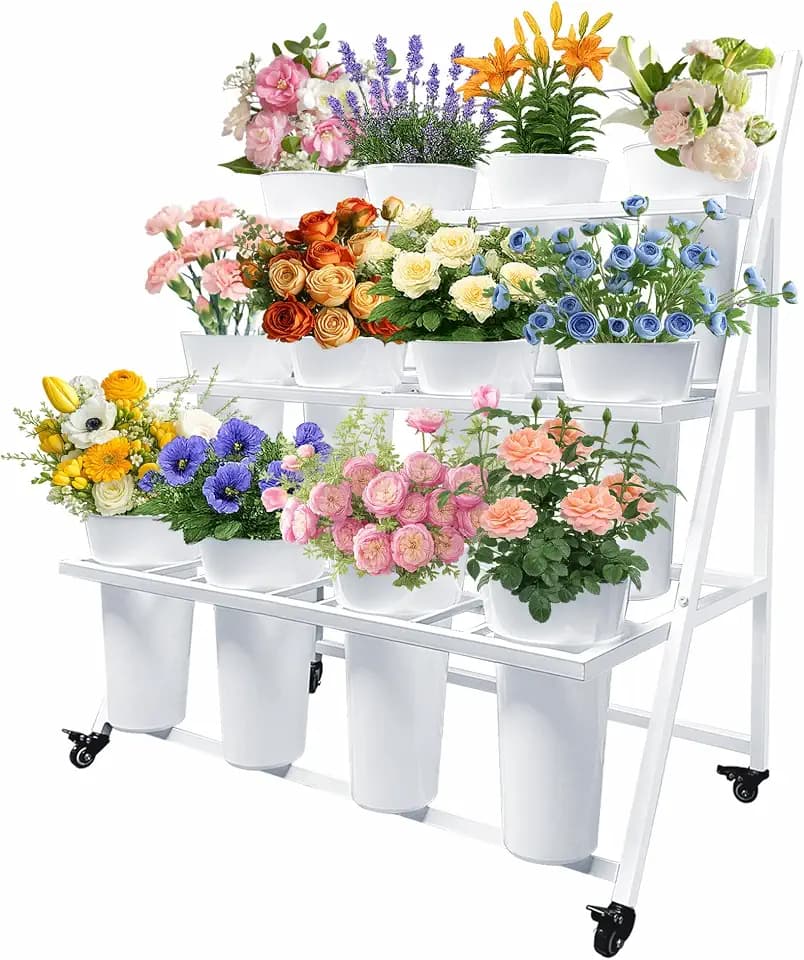 PROLEE Flower Stand with 12 Buckets, Flower Display Stand with Wheels, Flower Cart, Moving Florist Bouquet Shelf, Flower Bar Stand for Wedding, Party, White