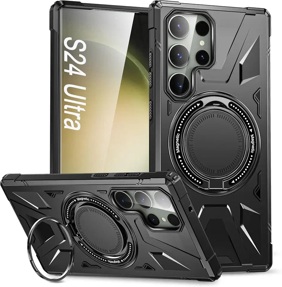 Drehbare magnetische Ring Hülle für Galaxy S24 Ultra,Kompatibel mit MagSafe 360° Ring Ständer Stoßfeste HandyHülle für Samsung Galaxy S24 Ultra 6.8" (Schwarz)