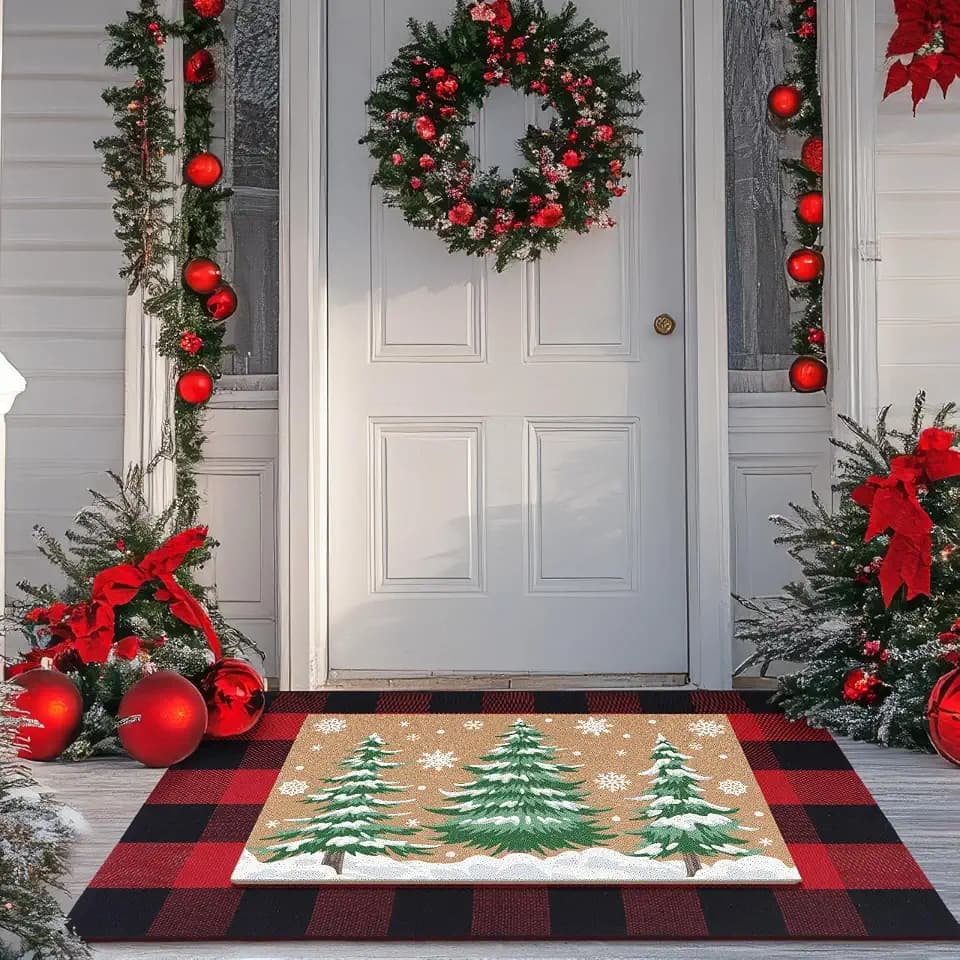 FuWeave 2 Pcs Christmas Tree Buffalo Plaid Layered Doormat Set
