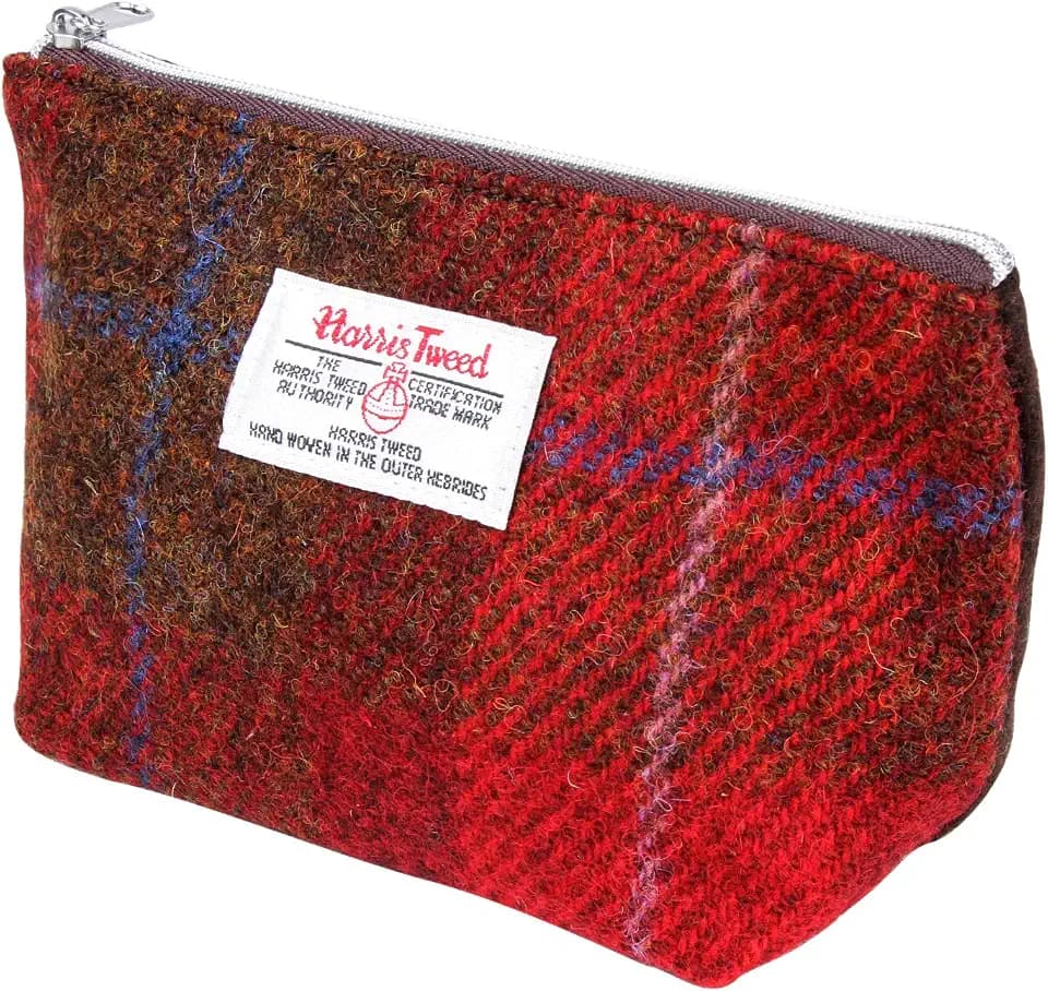 Harris Tweed Kosmetiktasche, kariert, kariert, mit Reißverschluss, Kosmetiktasche, Kosmetiktasche, Make-up-Tasche (rotes Schottenkaro)