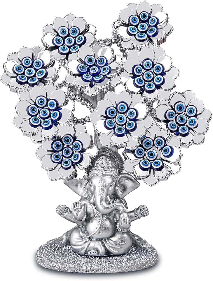 Böser Blick Blumen Glücksbaum mit silbernem Ganesha Hindu-Elefant Gott Statue Home Office Feng Shui Schutz Ornament Segen Geschenk