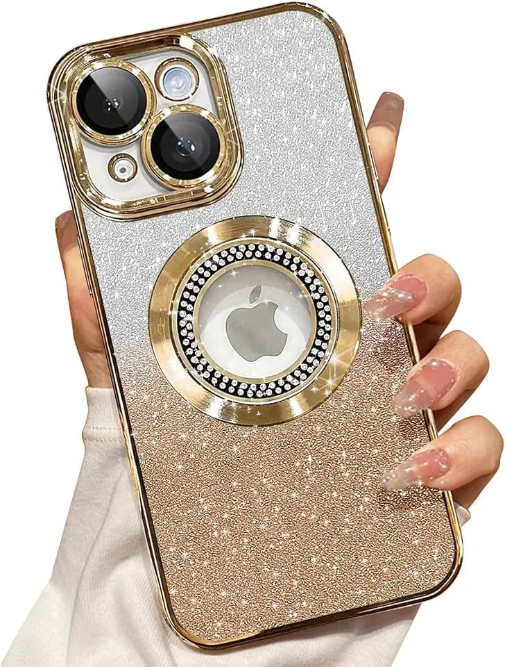 Misscase for iPhone 14 Magnetic Glitter Case Compatible with MagSafe,Full Protection Slim Shockproof Anti-Scratch Case with Camera Lens Protector Logo View Dust-Proof Net for Women Gold
