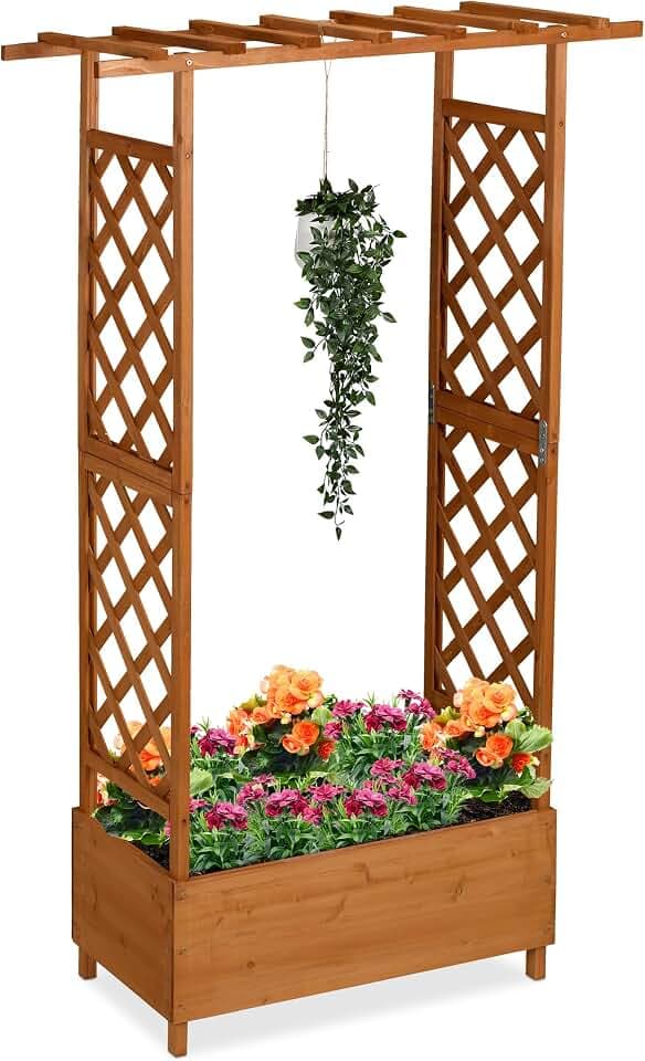 Relaxdays Blumenkasten mit Rankgitter & Dach, HBT: 183x110x44 cm, braun