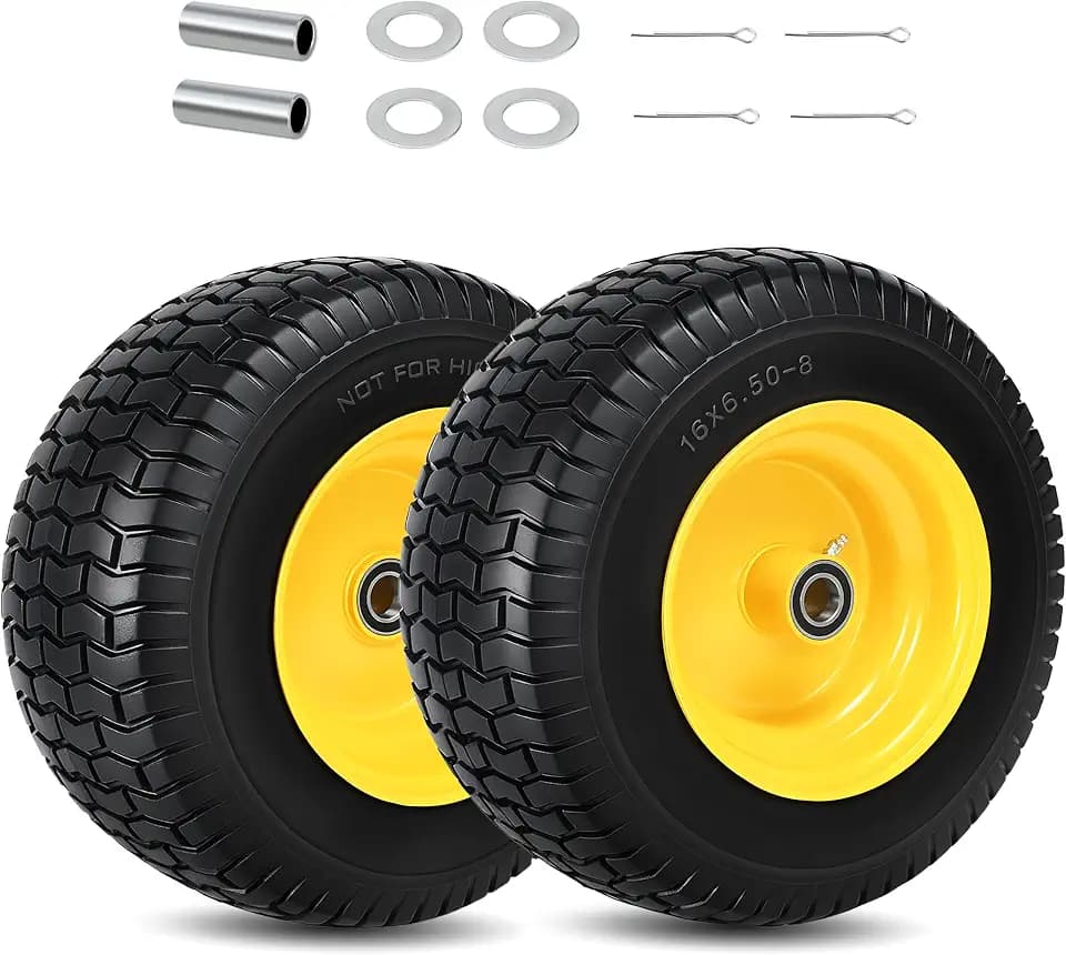 2 Pcs 16x6.50-8 Flat Free Lawn Mower Tire and Wheel with 1 Inch Axle