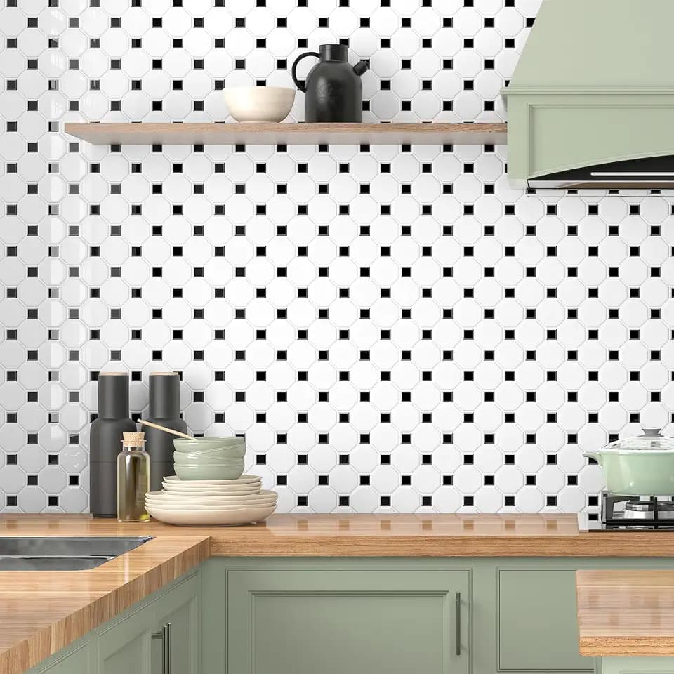 Livelynine Klebefliesen Küche Weiß Schwarz 3D Fliesenaufkleber Bad 30x30CM Wandfliesen Selbstklebend Küche 3D Selbstklebende Fliesen Bad Wand Küchenrückwand Abwaschbar Klebefliesen Wand 3D, 4 Stück