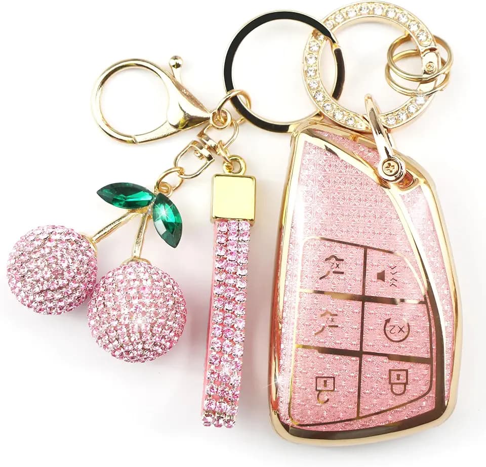 Sparkly Key Fob Cover with Cherry Keychain, Bling TPU Smart Key Case for Women, Compatible with Chevy Suburban Tahoe GMC Yukon GMC Yukon Denali GMC Yukon XL 1500 (6-Button, Gold Pink)