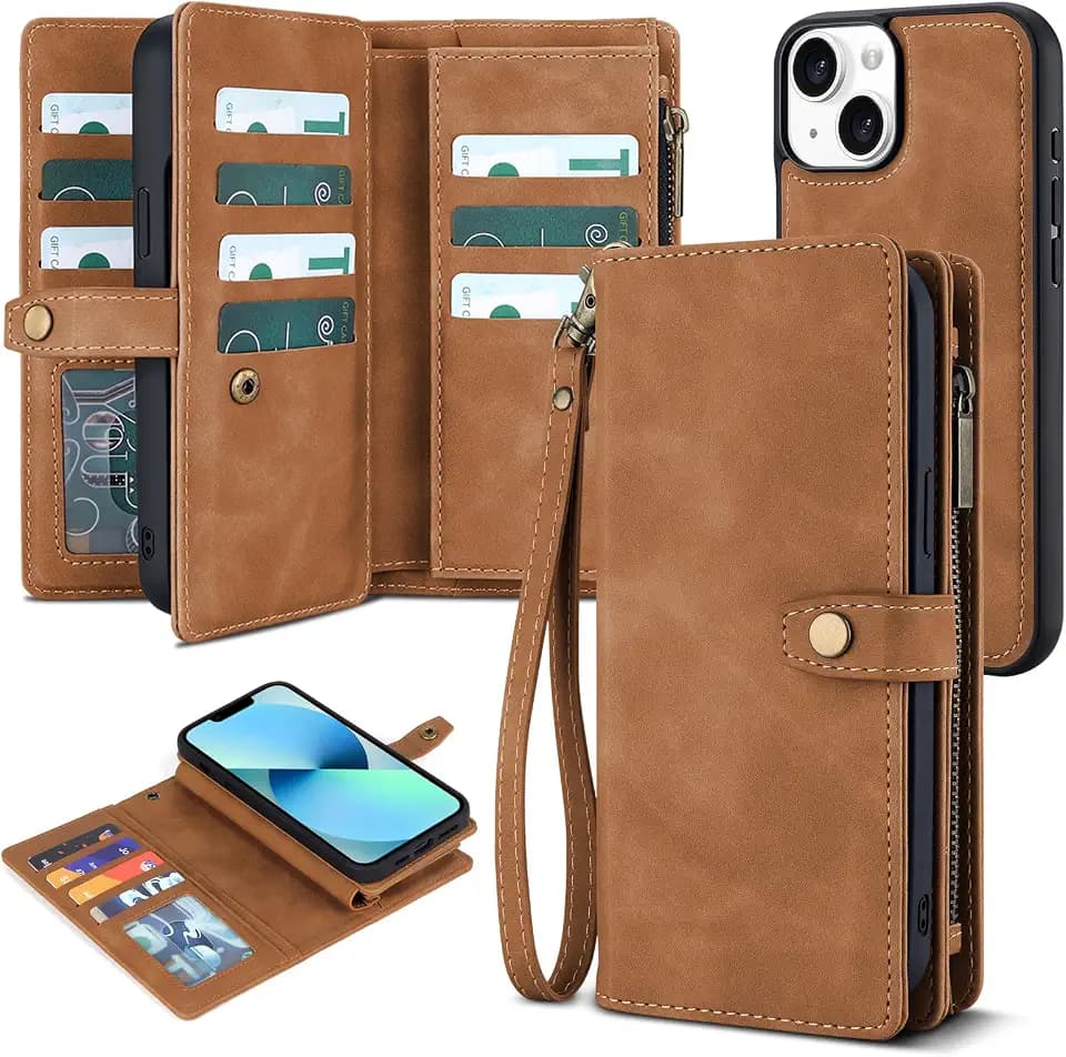 TwoHead for iPhone 13 Wallet Case with 11 Card Holders,Brown