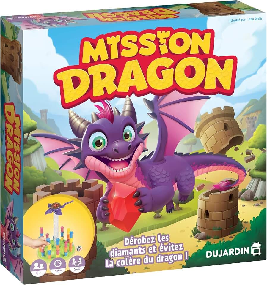 Dujardin - Mission Dragon | Gesellschaftsspiel für Kinder | Aktionsspiel, Geschicklichkeit und Konstruktion | fliegt die Rubine, bevor Sie den zerstörerischen Drachen erwecken | lustiges Familienspiel