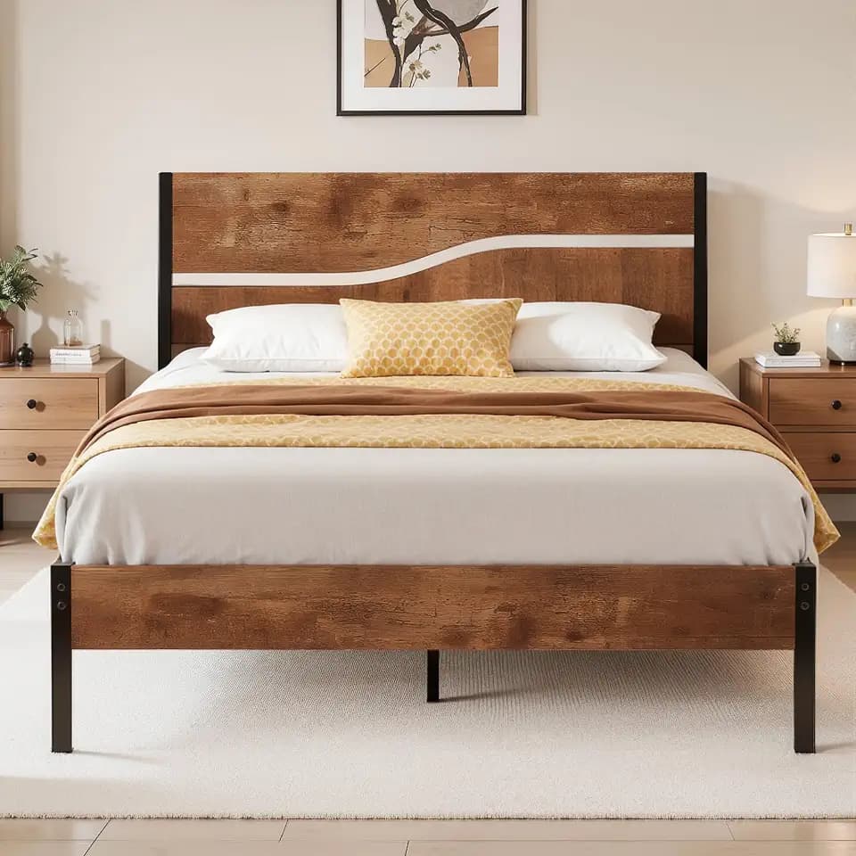 VECELO Metall-Holz Bettgestell 140x200 cm – Doppelbett mit Holzoptik-Kopfteil, Lattenrost und Stauraum, Stabiler Bettrahmen mit einfacher Montage, Ideal für Gästezimmer und Jugendzimmer, Braun