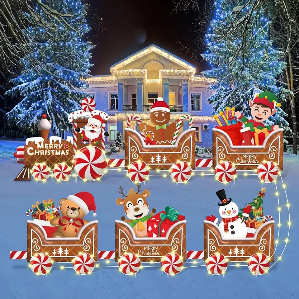 Wettarn 6 Pcs Christmas Train Yard Signs with LED Lights Stakes,Santa