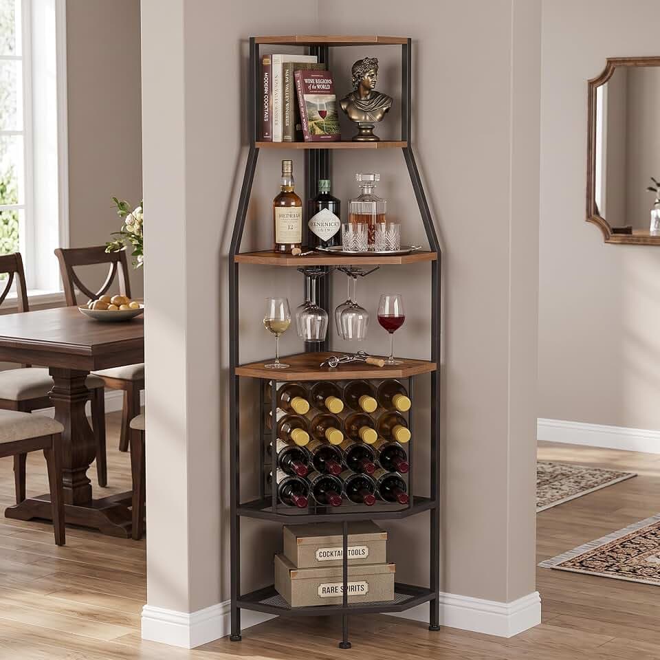 5-Tier Corner Wine Rack with Glass Holder, Floorstanding Wine Storage