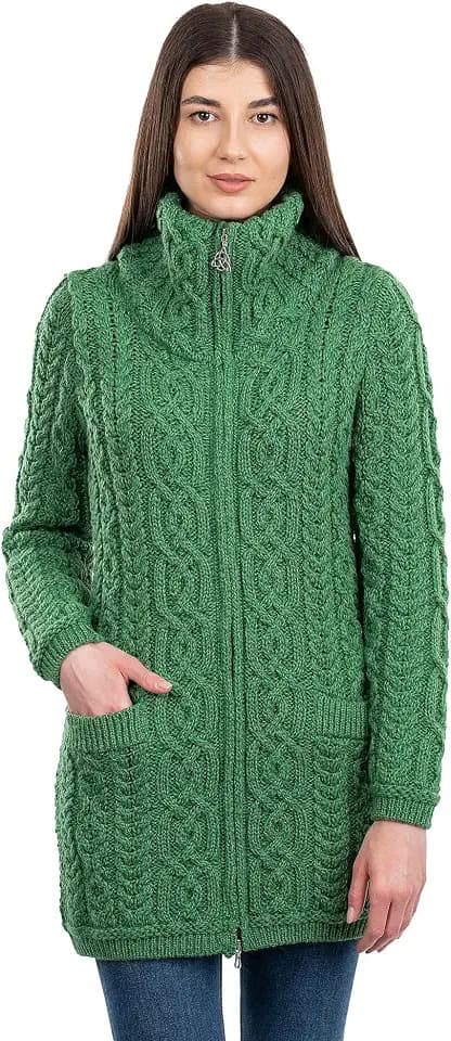 SAOL Ladies Irish Aran Zip Cardigan - 100% Merino Wool Ireland Coat with Pockets and Raised Collar